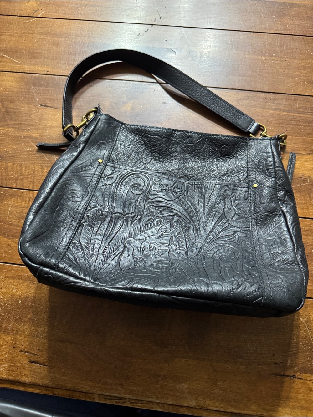 American Leather Co. Black Floral Embossed Leather Shoulder Tote